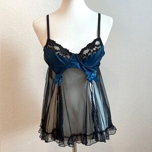 Shirley of Hollywood Black Lace Sheer Baby doll Lingerie Size Small